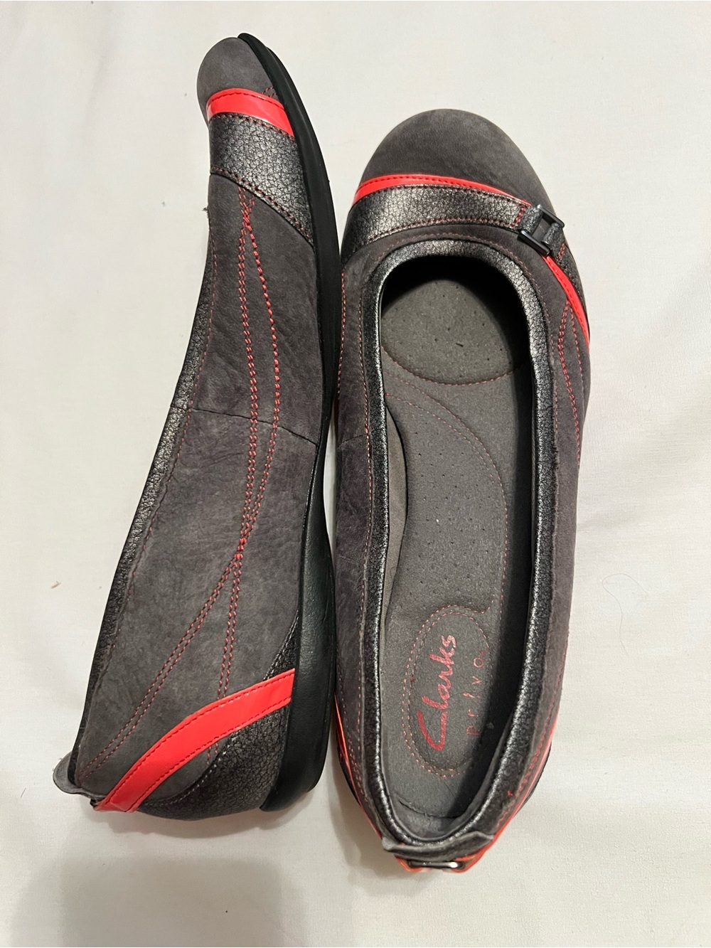 Clarks Gray Flats with Red Trim and Stitching